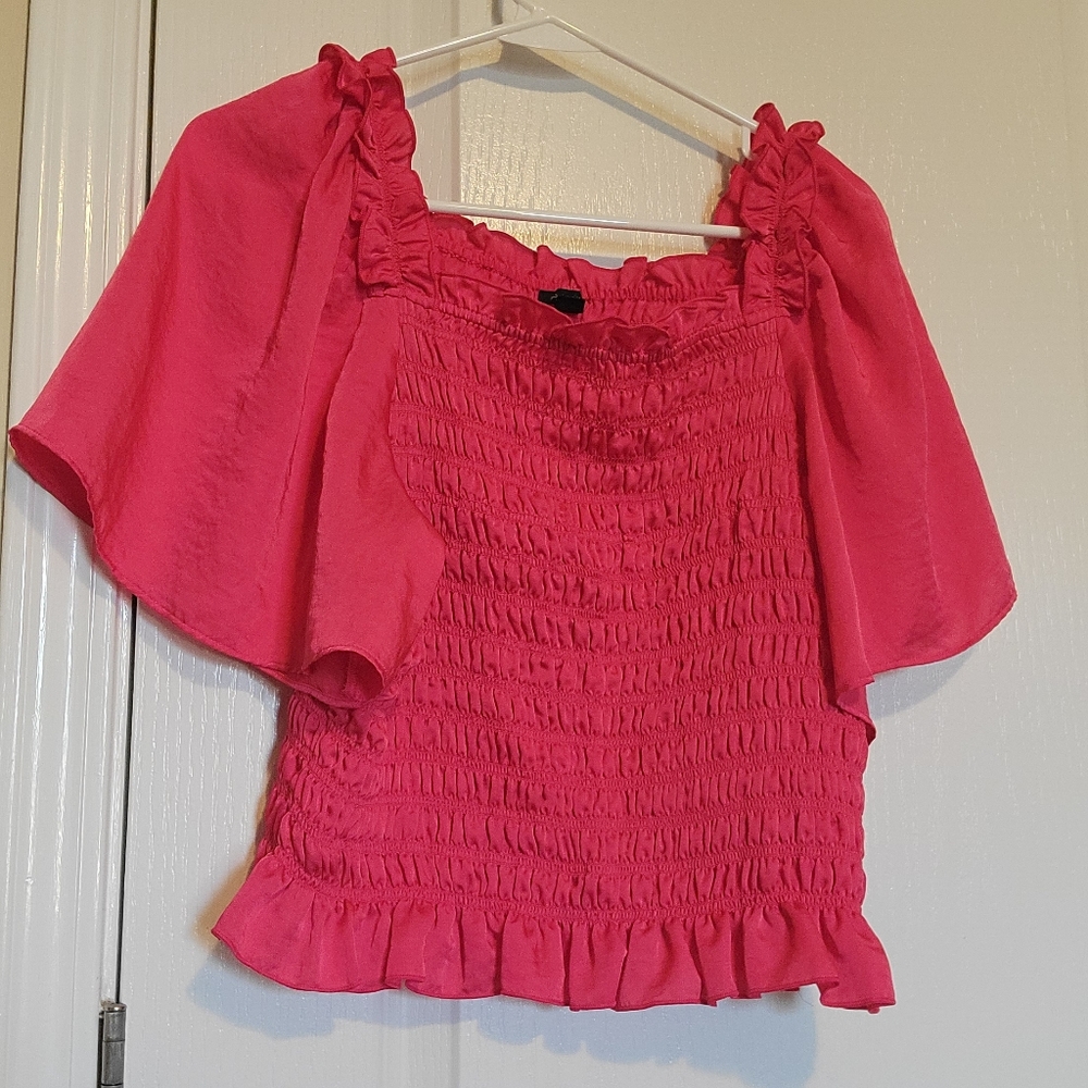 Barbie Pink Ann Taylor Square Neck Smocked Blouse with Flutter Sleeves, NWOT